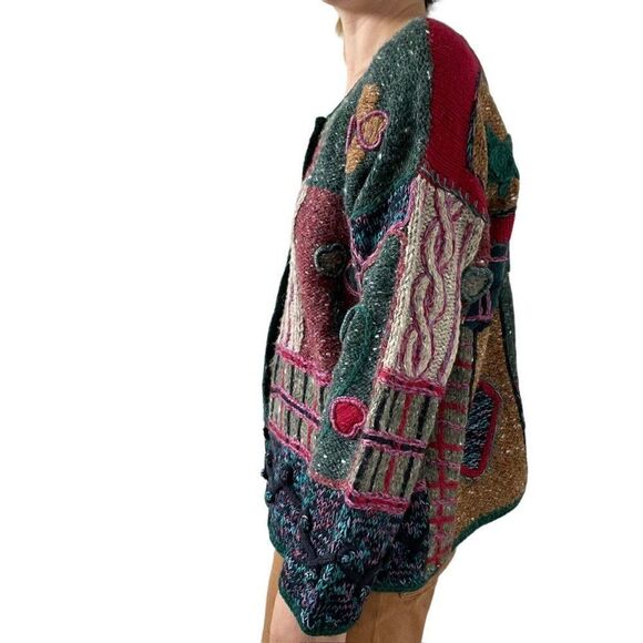 Vintage 90s Womens Express Hand Knit Ugly Sweater Wool Blend Cardigan Sz S - Picture 5 of 7